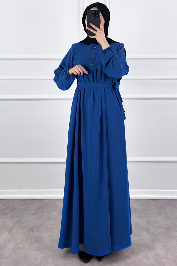 Düğmeli Ayrobin Elbise - Mavi