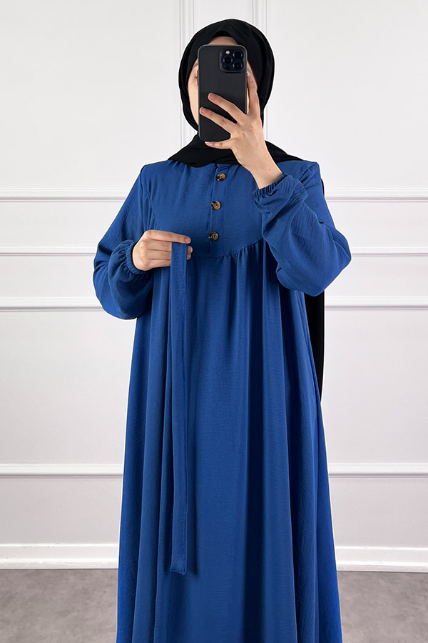 Düğmeli Ayrobin Elbise - Mavi