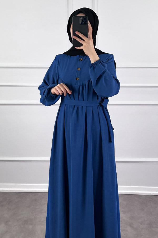 Düğmeli Ayrobin Elbise - Mavi