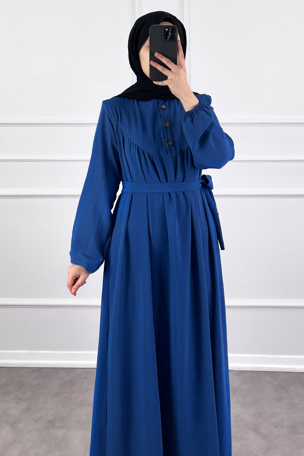 Düğmeli Ayrobin Elbise - Mavi