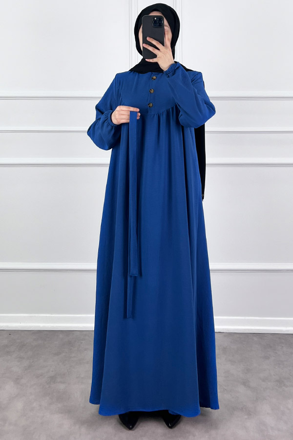 Düğmeli Ayrobin Elbise - Mavi