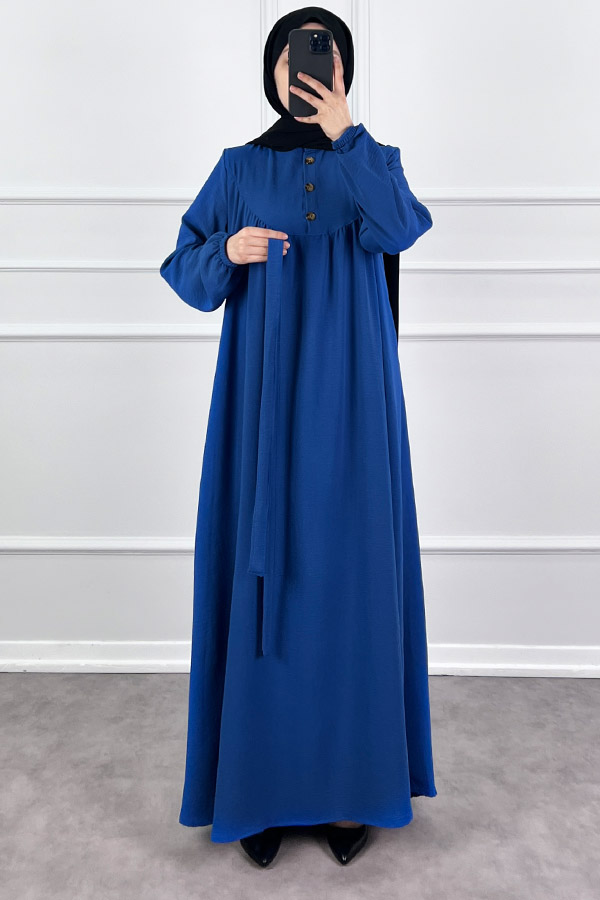 Düğmeli Ayrobin Elbise - Mavi