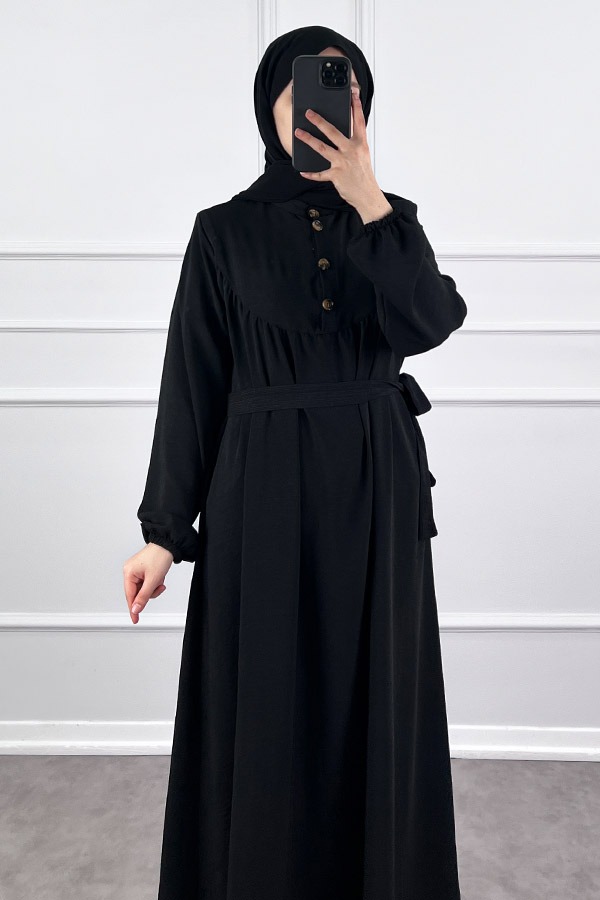 Düğmeli Ayrobin Elbise - Siyah