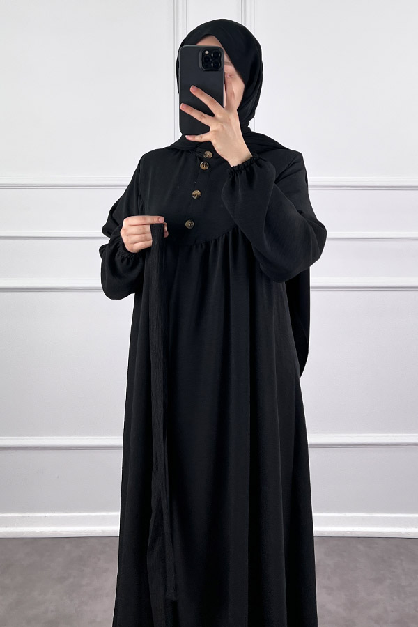 Düğmeli Ayrobin Elbise - Siyah