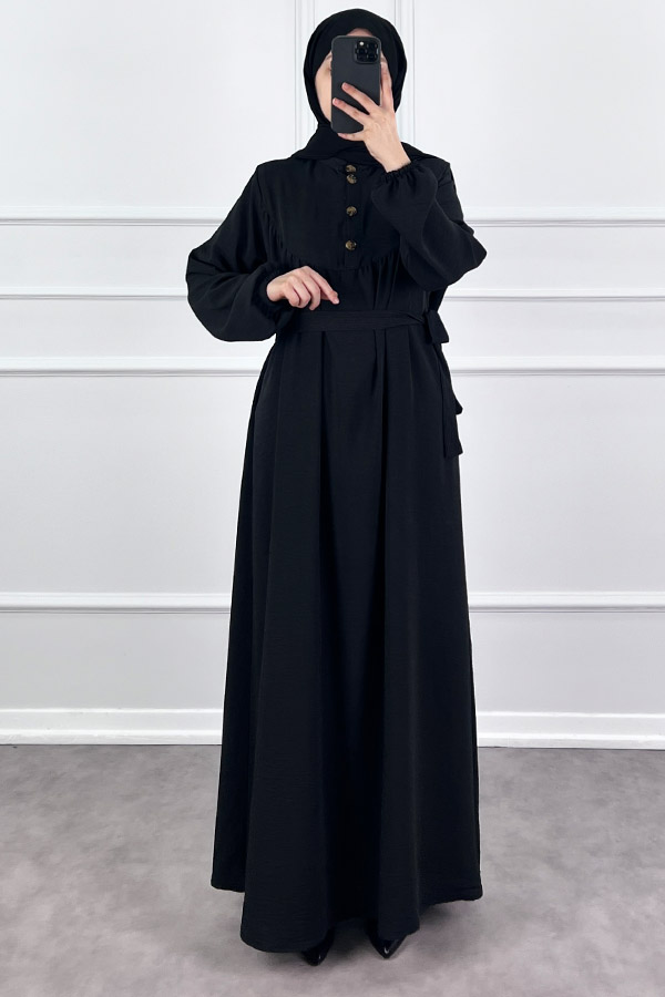Düğmeli Ayrobin Elbise - Siyah