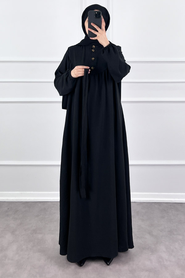 Düğmeli Ayrobin Elbise - Siyah