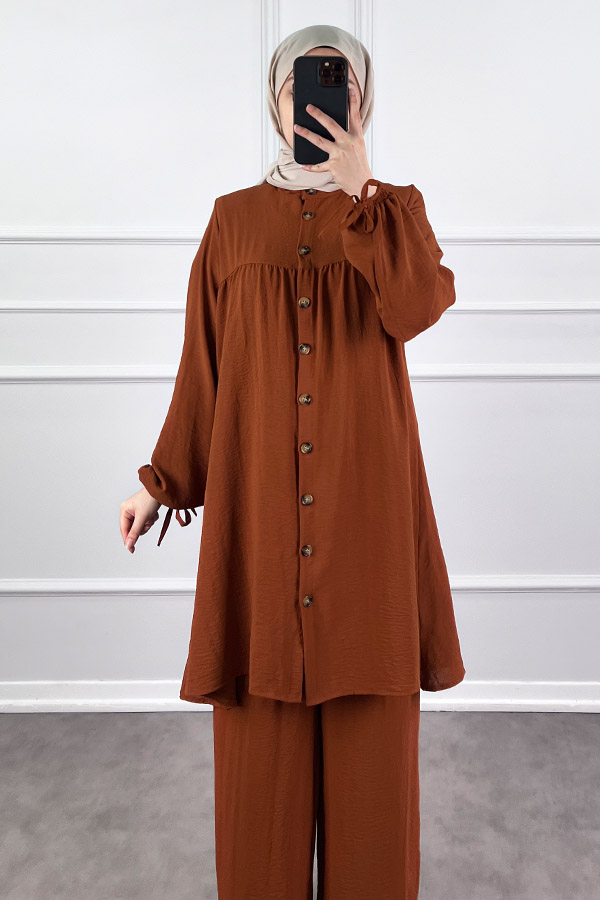 Düğmeli Ayrobin İkili Takım - Kiremit