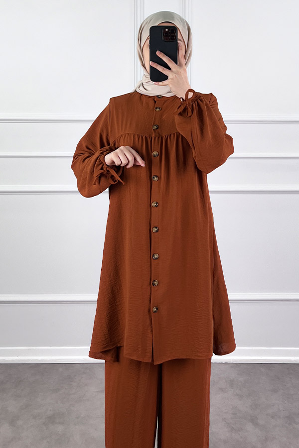 Düğmeli Ayrobin İkili Takım - Kiremit