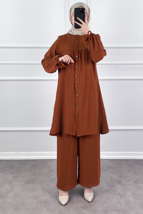 Düğmeli Ayrobin İkili Takım - Kiremit