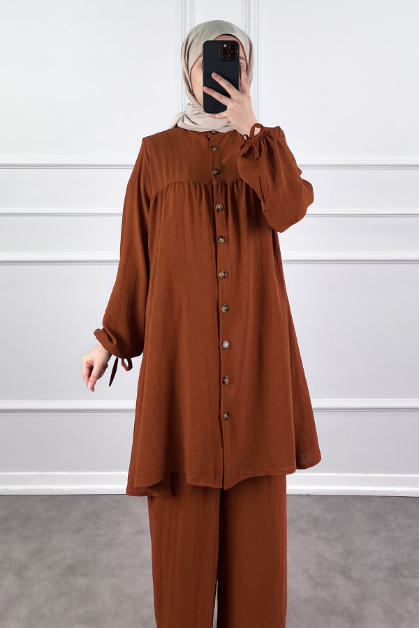 Düğmeli Ayrobin İkili Takım - Kiremit