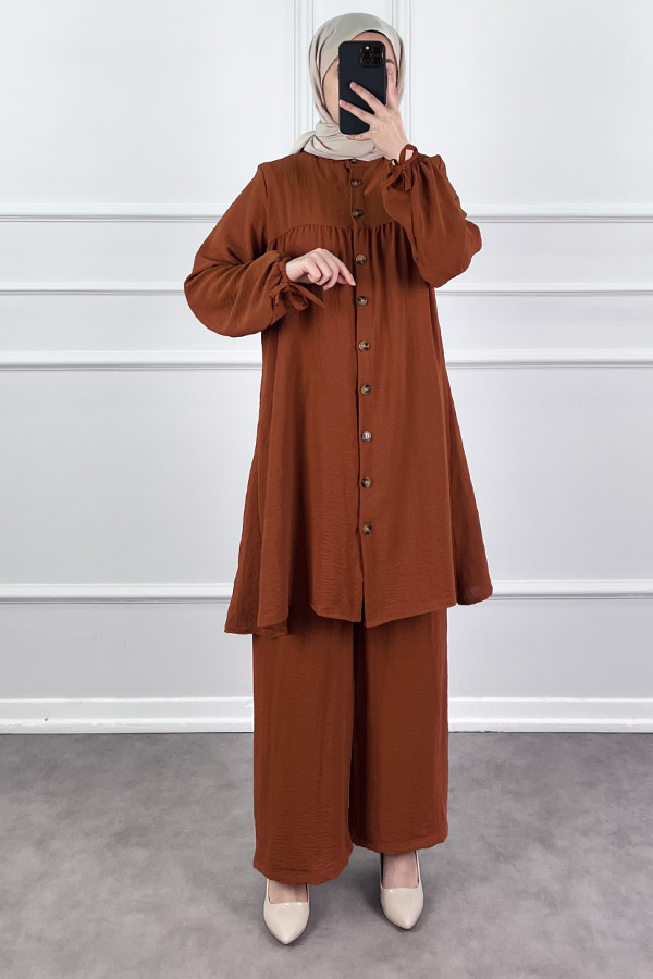 Düğmeli Ayrobin İkili Takım - Kiremit