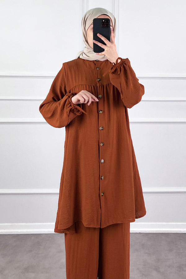 Düğmeli Ayrobin İkili Takım - Kiremit