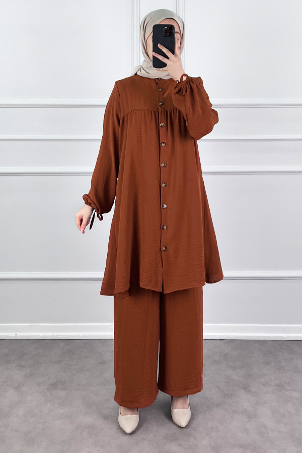 Düğmeli Ayrobin İkili Takım - Kiremit