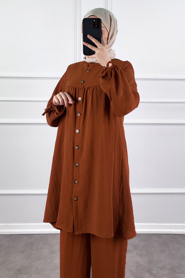 Düğmeli Ayrobin İkili Takım - Kiremit