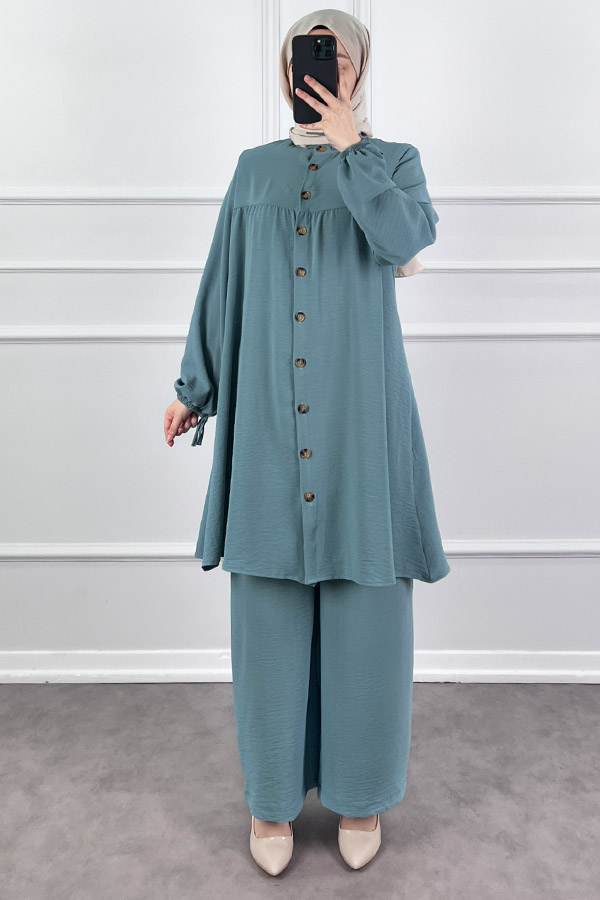 Düğmeli Ayrobin İkili Takım - Mint
