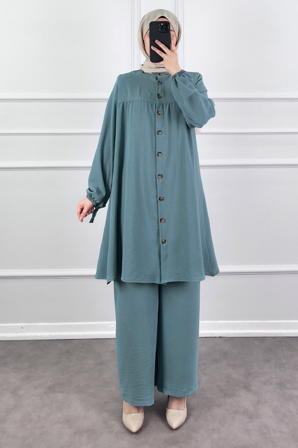 Düğmeli Ayrobin İkili Takım - Mint