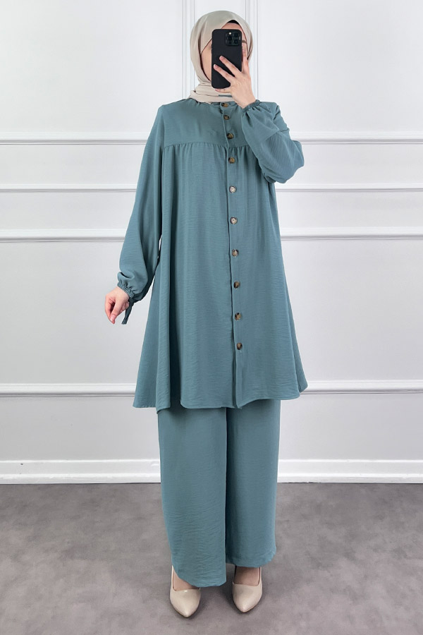 Düğmeli Ayrobin İkili Takım - Mint