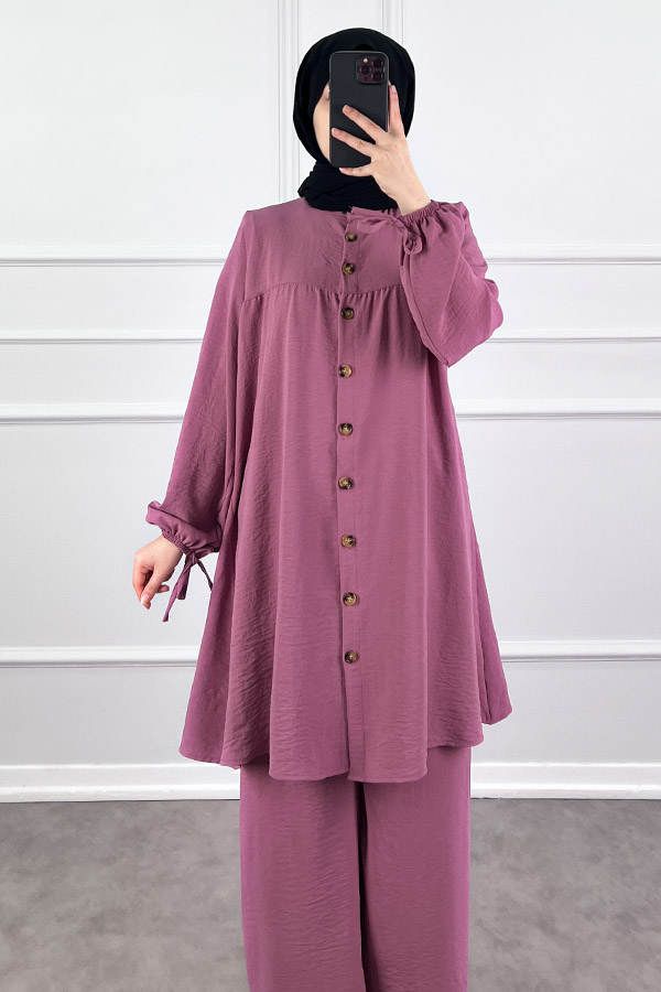 Düğmeli Ayrobin İkili Takım - Pembe