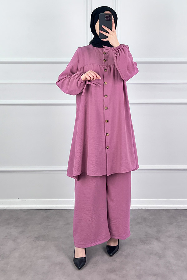 Düğmeli Ayrobin İkili Takım - Pembe