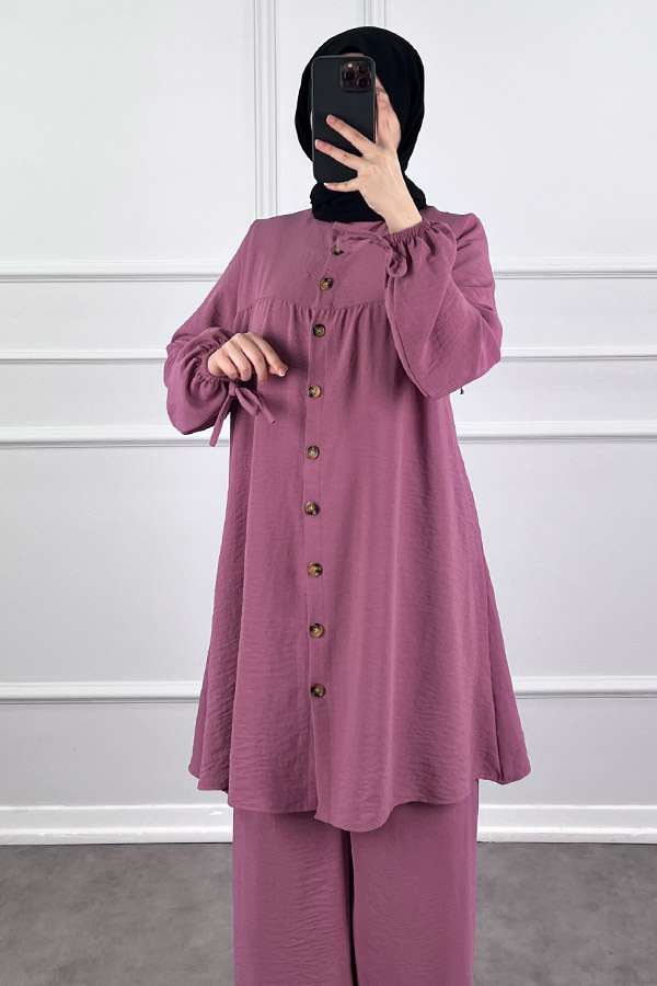 Düğmeli Ayrobin İkili Takım - Pembe