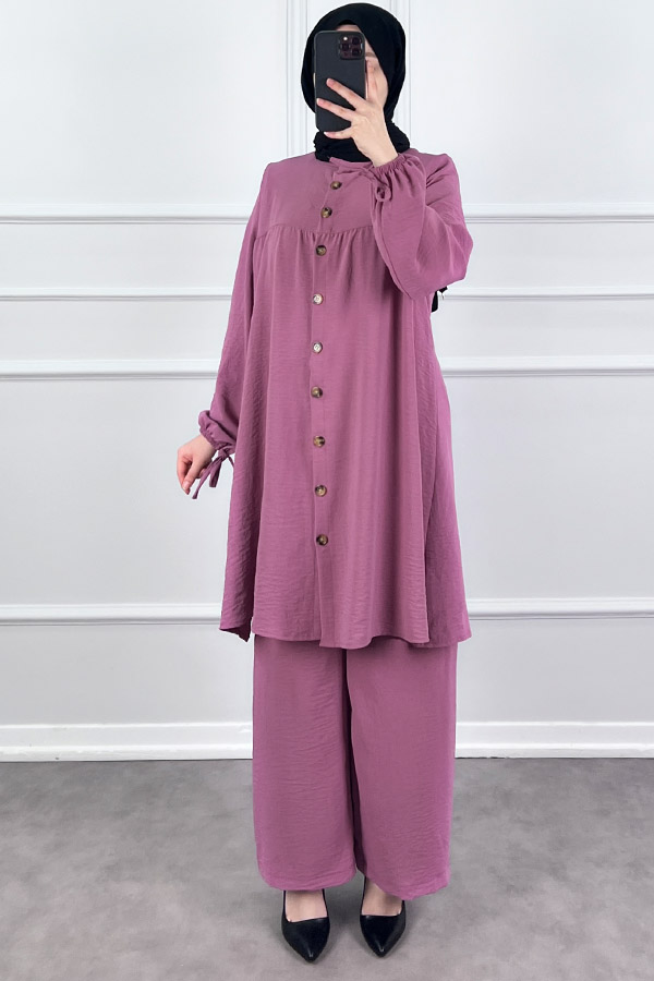 Düğmeli Ayrobin İkili Takım - Pembe