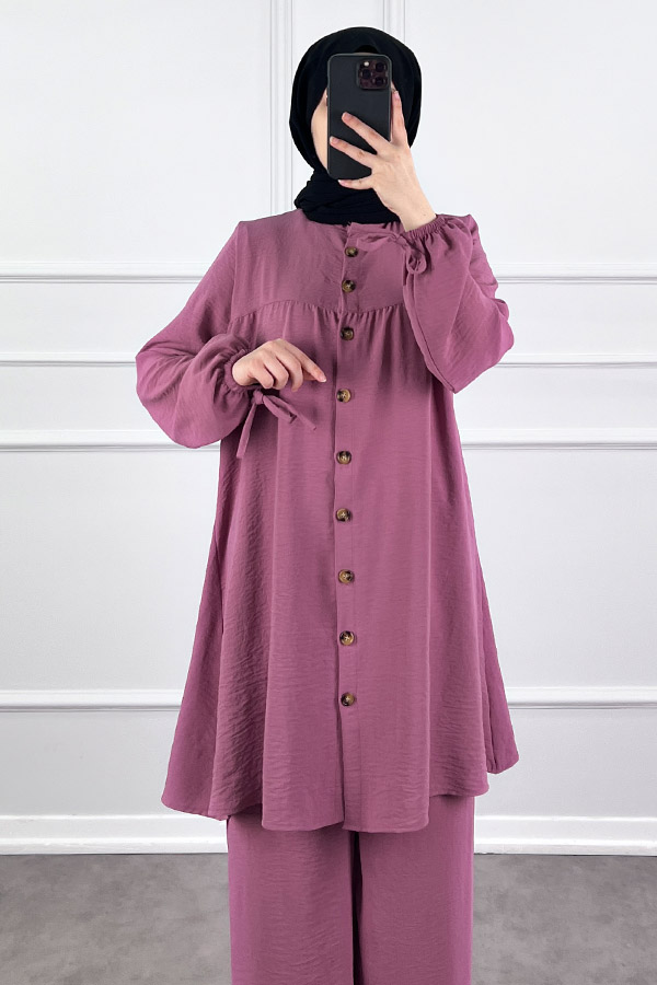Düğmeli Ayrobin İkili Takım - Pembe