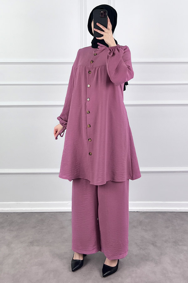 Düğmeli Ayrobin İkili Takım - Pembe