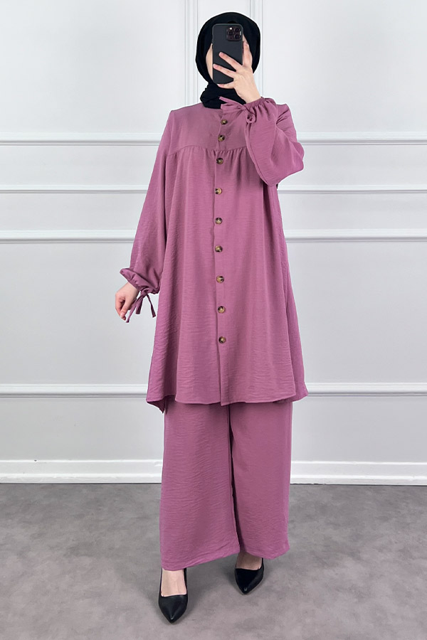Düğmeli Ayrobin İkili Takım - Pembe