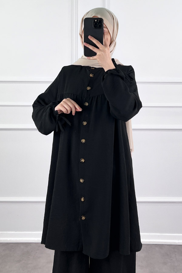 Düğmeli Ayrobin İkili Takım - Siyah