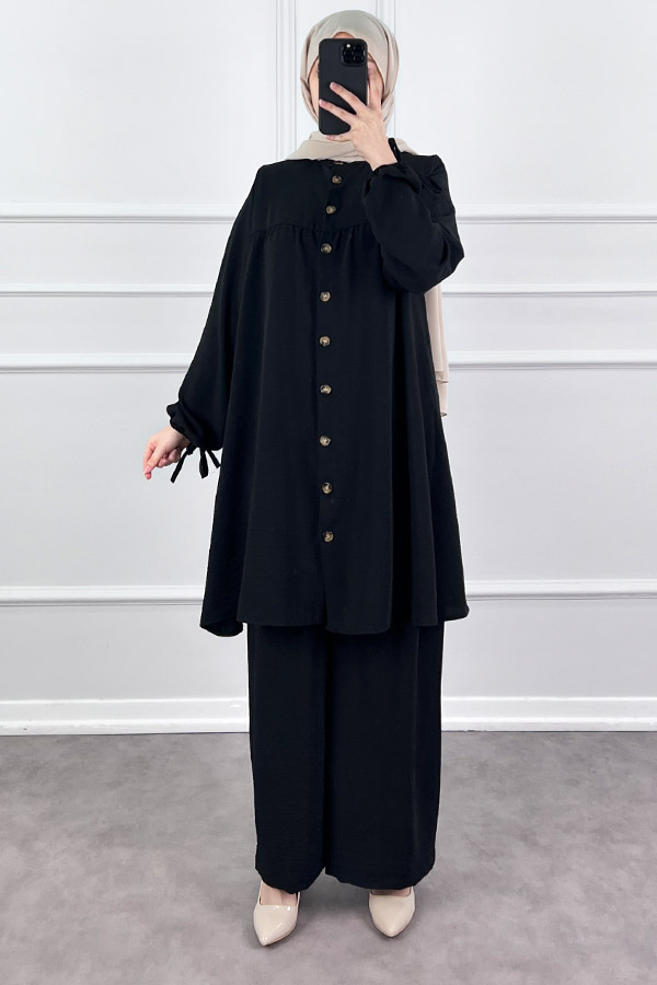 Düğmeli Ayrobin İkili Takım - Siyah