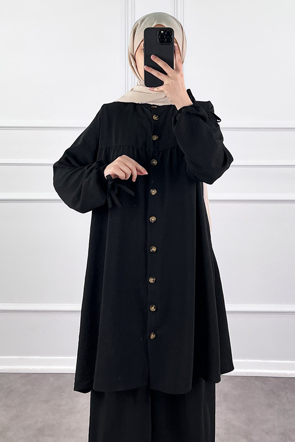 Düğmeli Ayrobin İkili Takım - Siyah