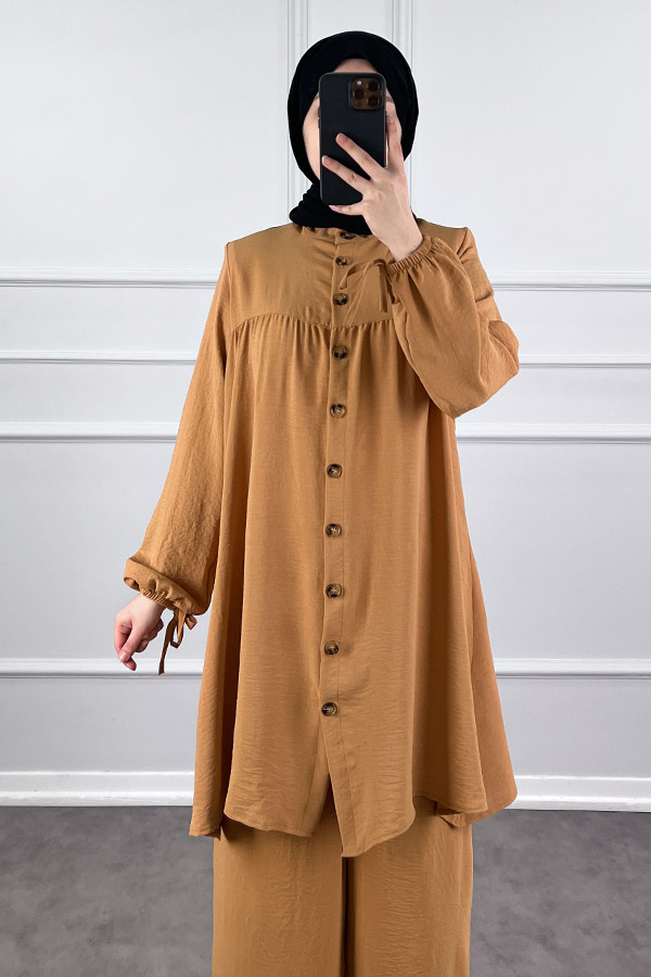 Düğmeli Ayrobin İkili Takım - Sütlü Kahve