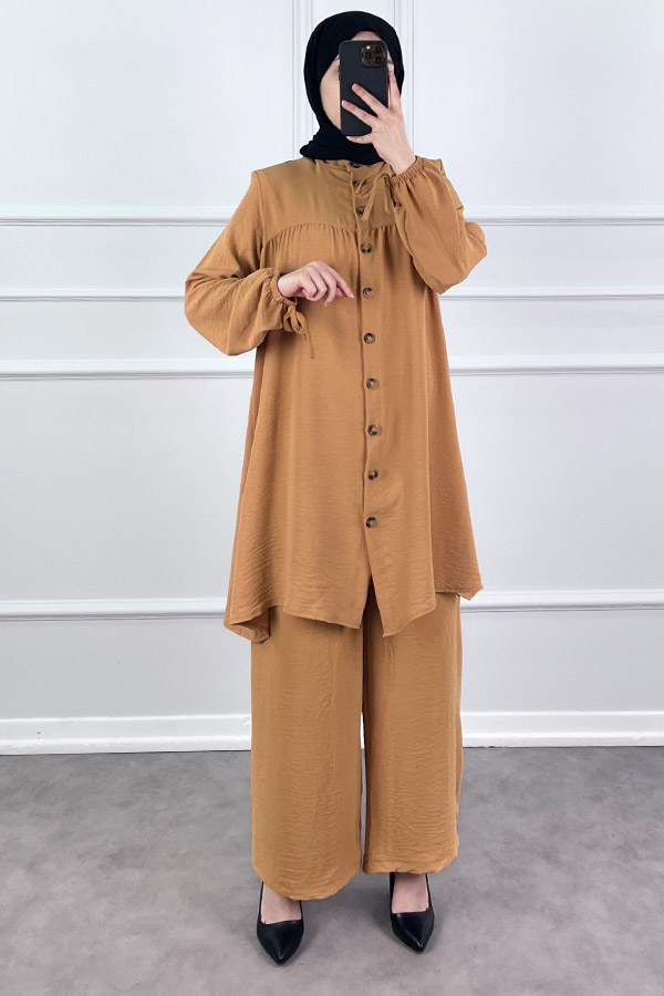 Düğmeli Ayrobin İkili Takım - Sütlü Kahve