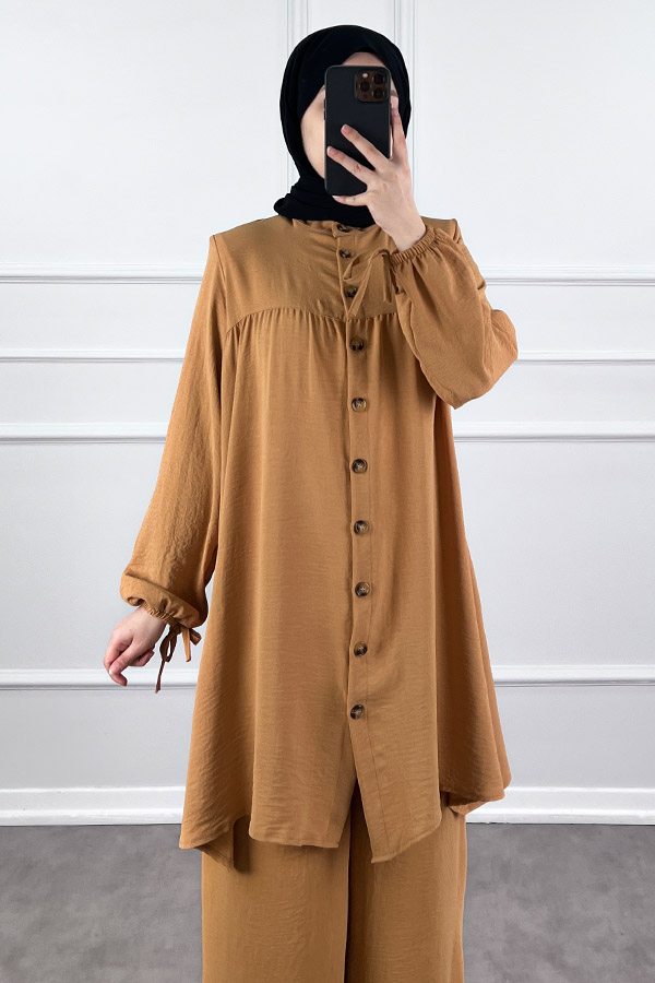 Düğmeli Ayrobin İkili Takım - Sütlü Kahve