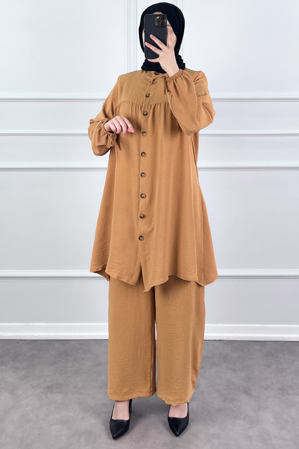 Düğmeli Ayrobin İkili Takım - Sütlü Kahve