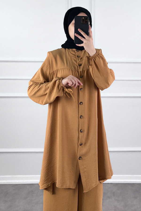 Düğmeli Ayrobin İkili Takım - Sütlü Kahve