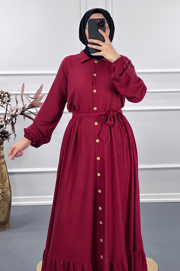 Düğmeli Elbise - Bordo