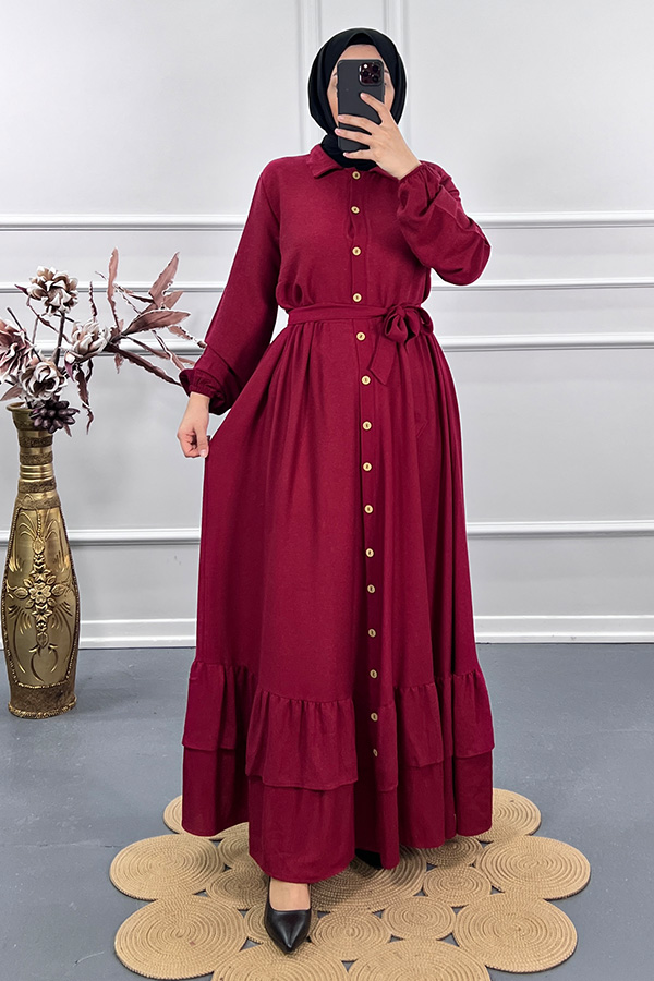Düğmeli Elbise - Bordo