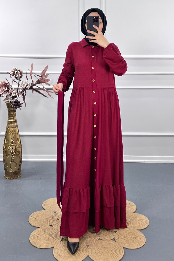 Düğmeli Elbise - Bordo