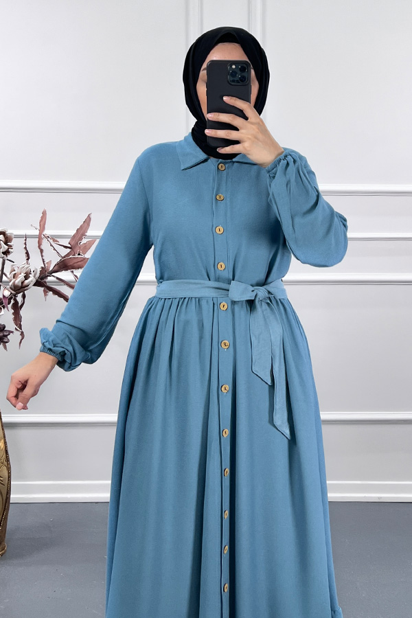 Düğmeli Elbise - Mavi