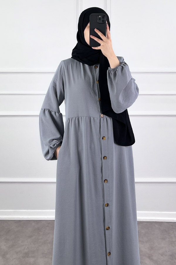 Düğmeli Ferace Elbise - Gri
