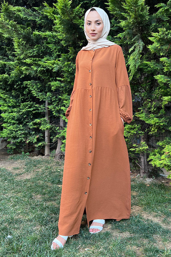 Düğmeli Ferace Elbise - Kiremit