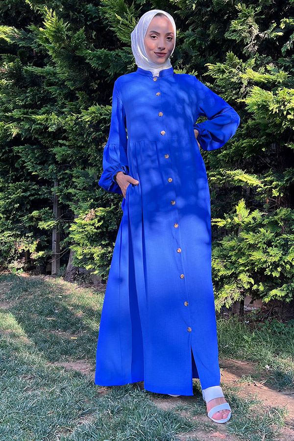 Düğmeli Ferace Elbise - Mavi