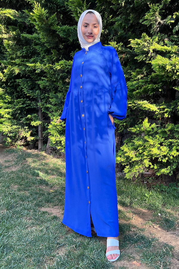 Düğmeli Ferace Elbise - Mavi