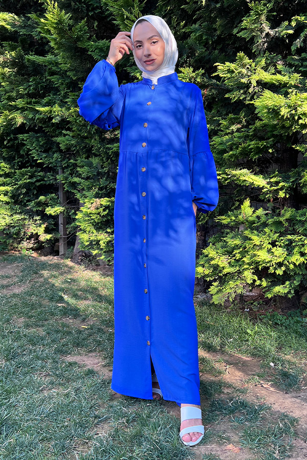 Düğmeli Ferace Elbise - Mavi