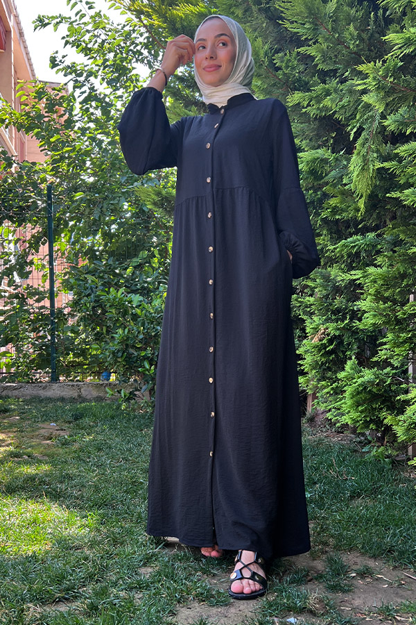 Düğmeli Ferace Elbise - Siyah