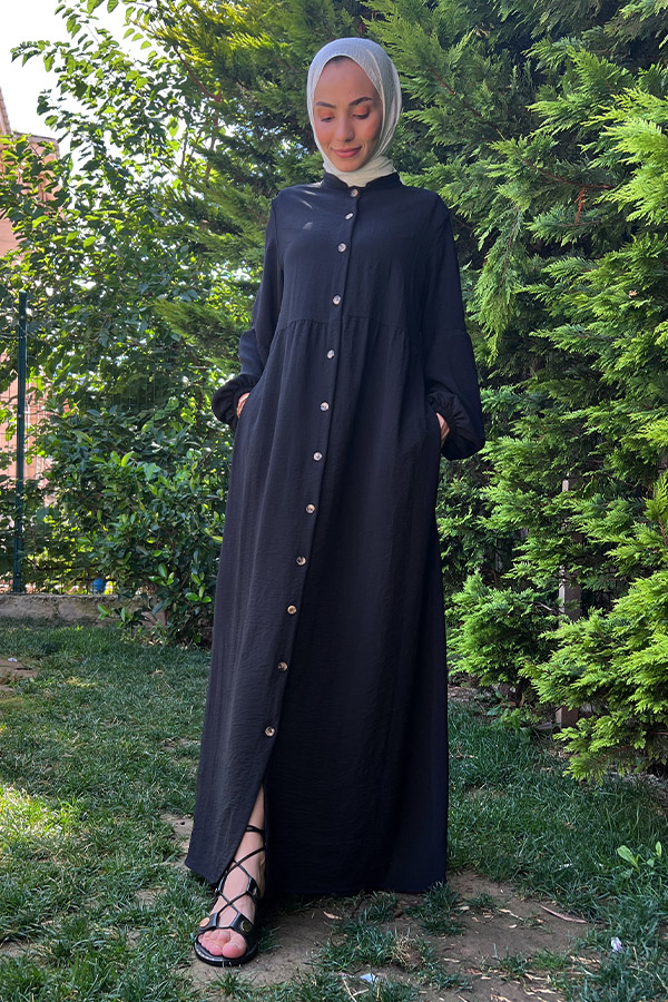Düğmeli Ferace Elbise - Siyah