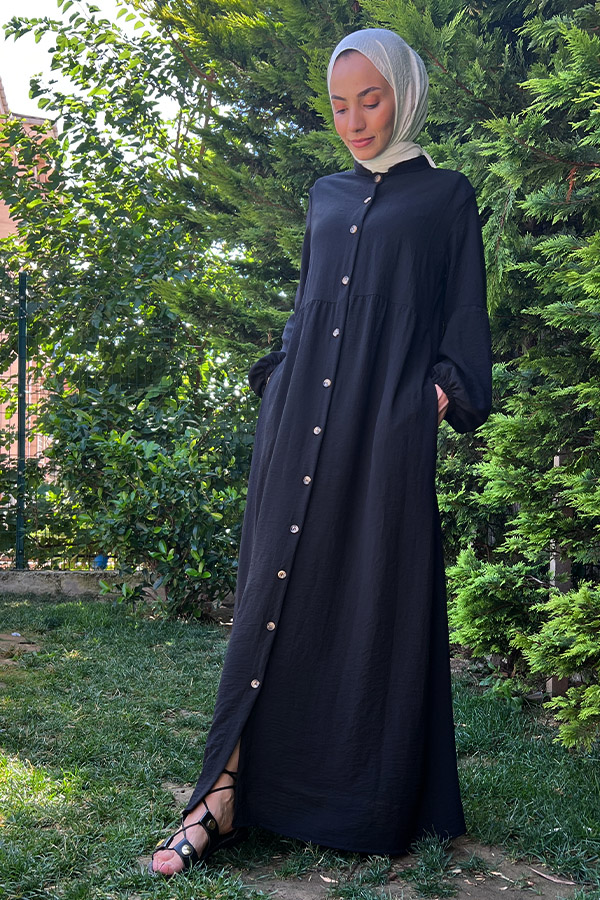 Düğmeli Ferace Elbise - Siyah