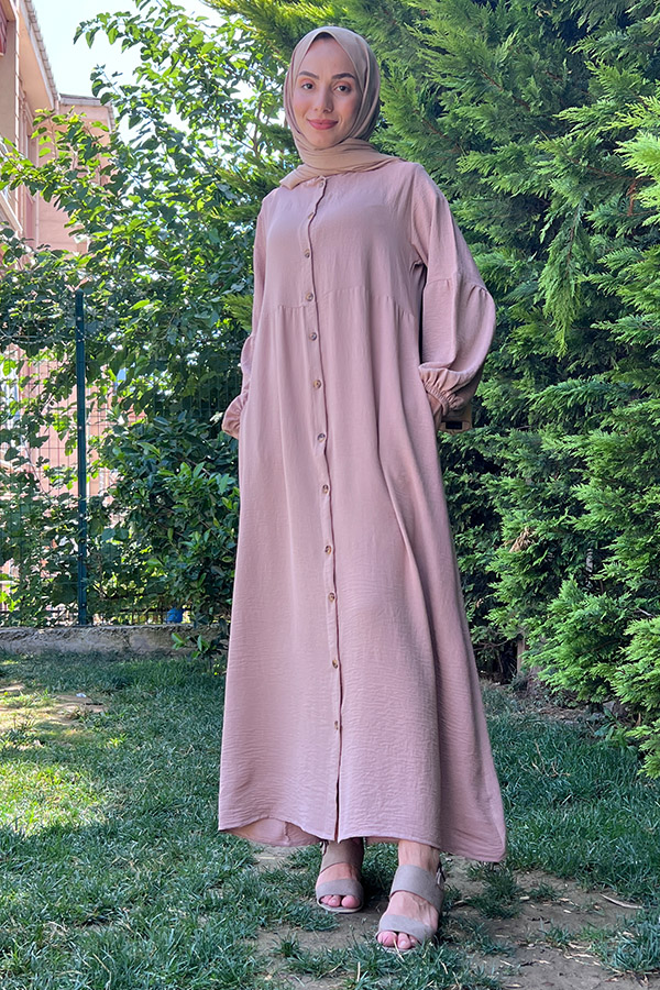 Düğmeli Ferace Elbise - Taş