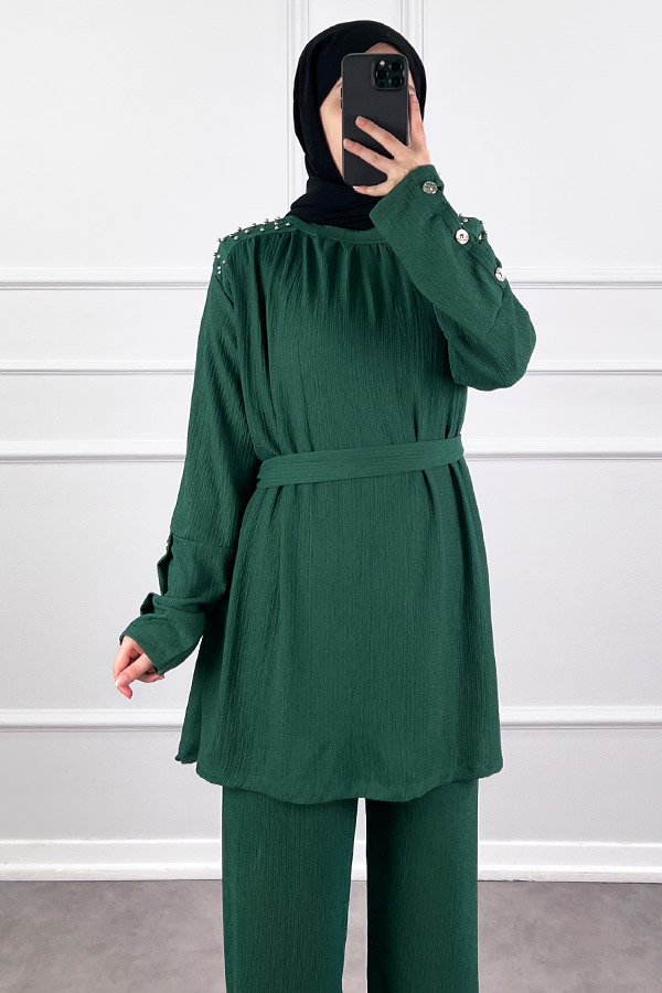 Düğmeli Taş Detaylı İkili Takım - Haki